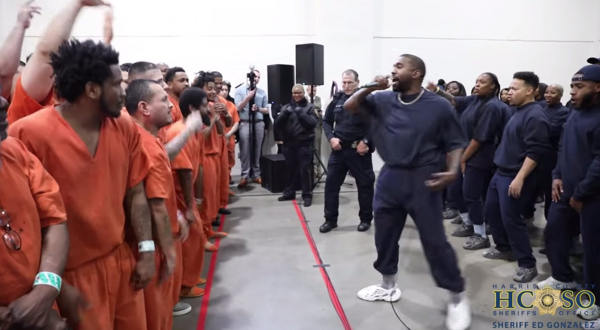 Kanye West performs at a surprise concert for inmates in the Harris County Jail in Houston, Texas, on Nov. 15, 2019. (Harris County Sheriff's Office)