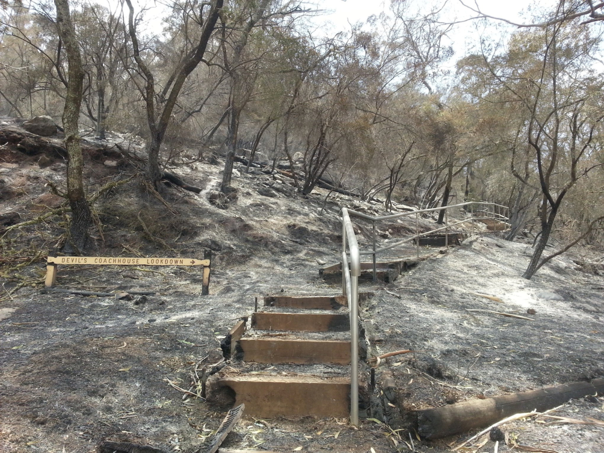 A view of a burnt residential area, aftermath of bushfires, in Jenolan Caves