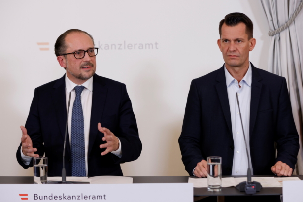 Austrian Chancellor Schallenberg and Health Minister Mueckstein attend a news conference, in Vienna